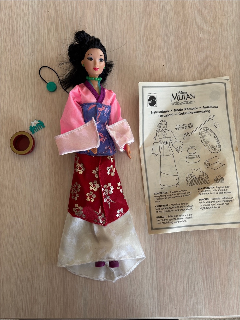 1997 Disney Mulan Doll in Pink, Red & Purple Traditional Outfit